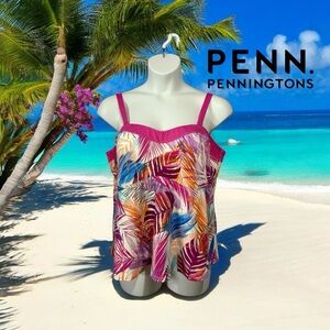 Penningtons, Vibrant Plus Size Tropical Tankini Top, 2X, Pink & Multicolor 🌴